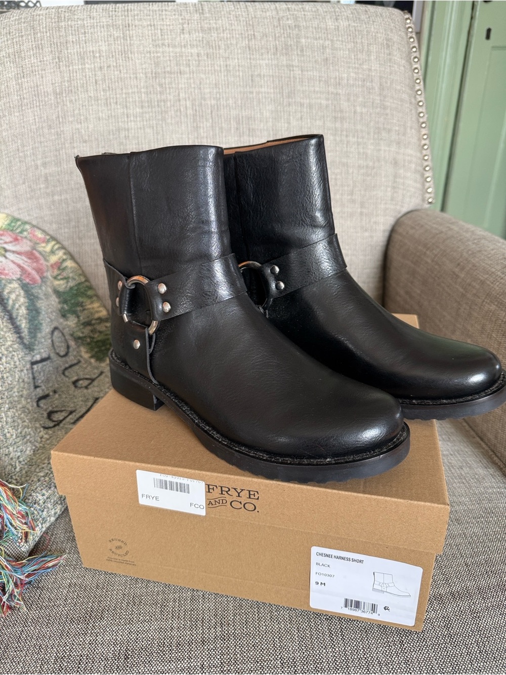 Frye Black Leather Harness Ankle Boots